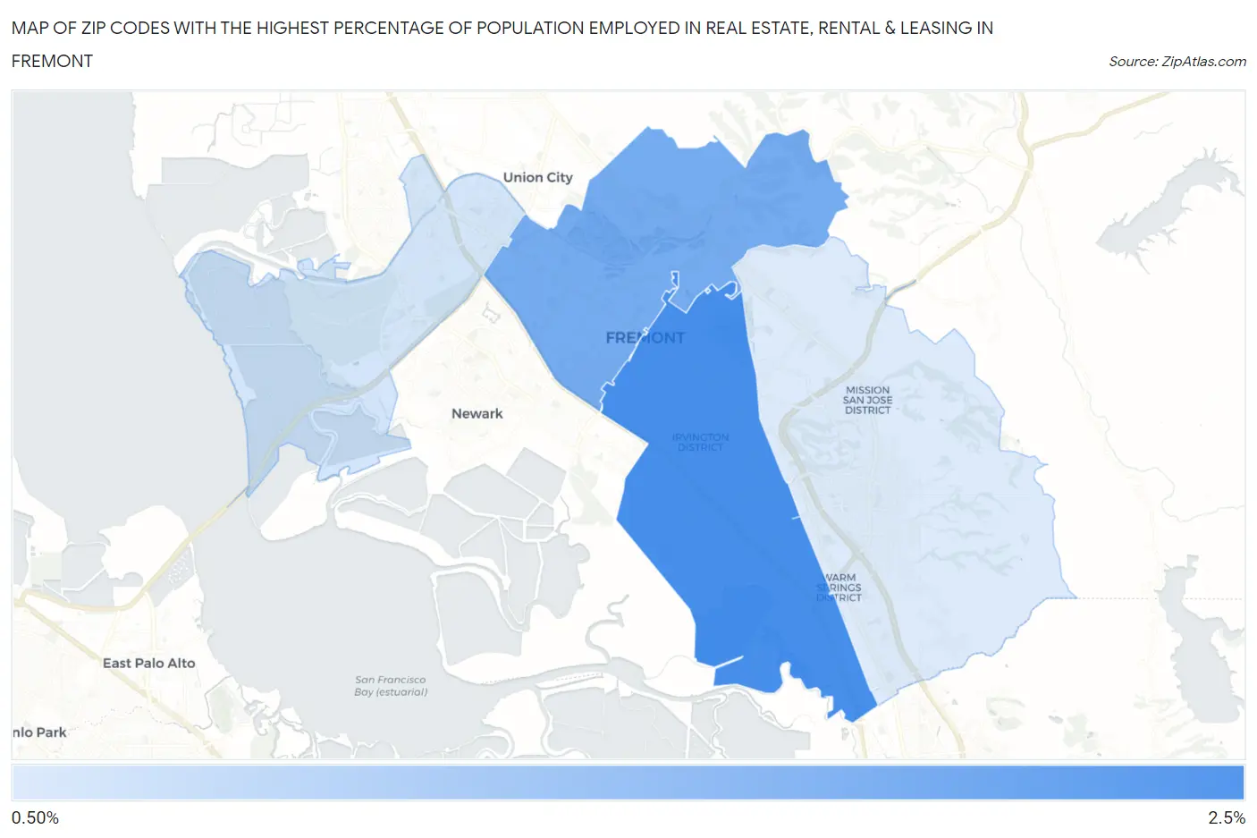 Zip Codes with the Highest Percentage of Population Employed in Real Estate, Rental & Leasing in Fremont Map