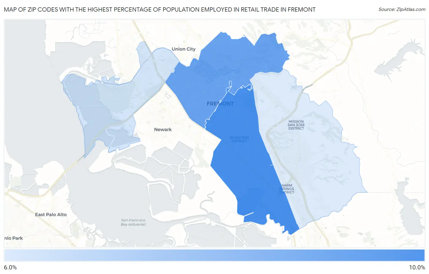 Zip Codes with the Highest Percentage of Population Employed in Retail Trade in Fremont Map