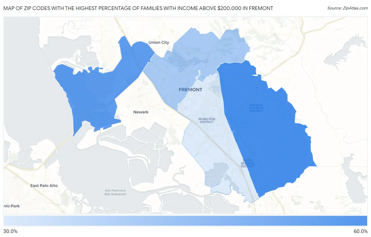 Zip Codes with the Highest Percentage of Families with Income Above $200,000 in Fremont Map