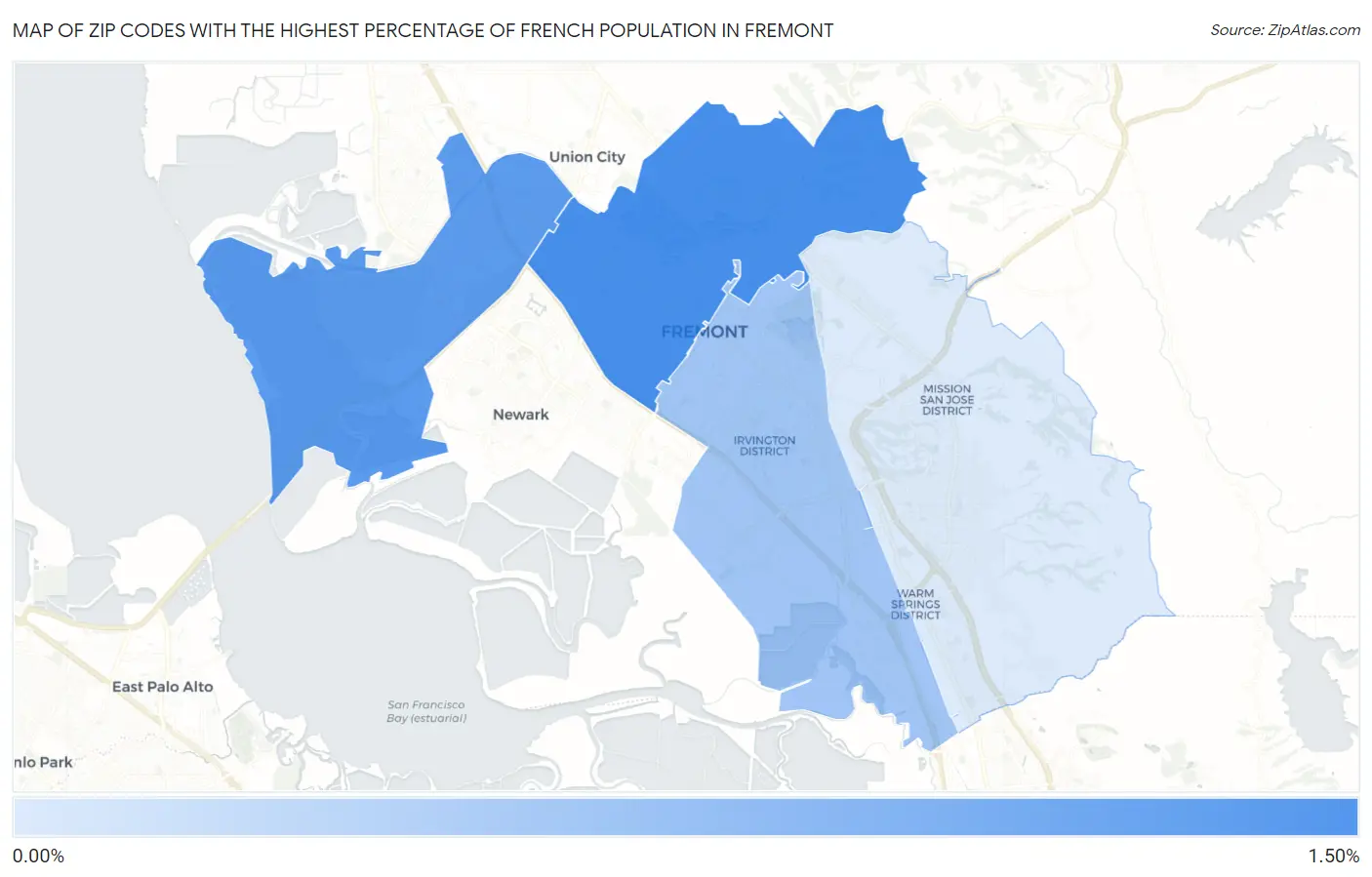 Zip Codes with the Highest Percentage of French Population in Fremont Map