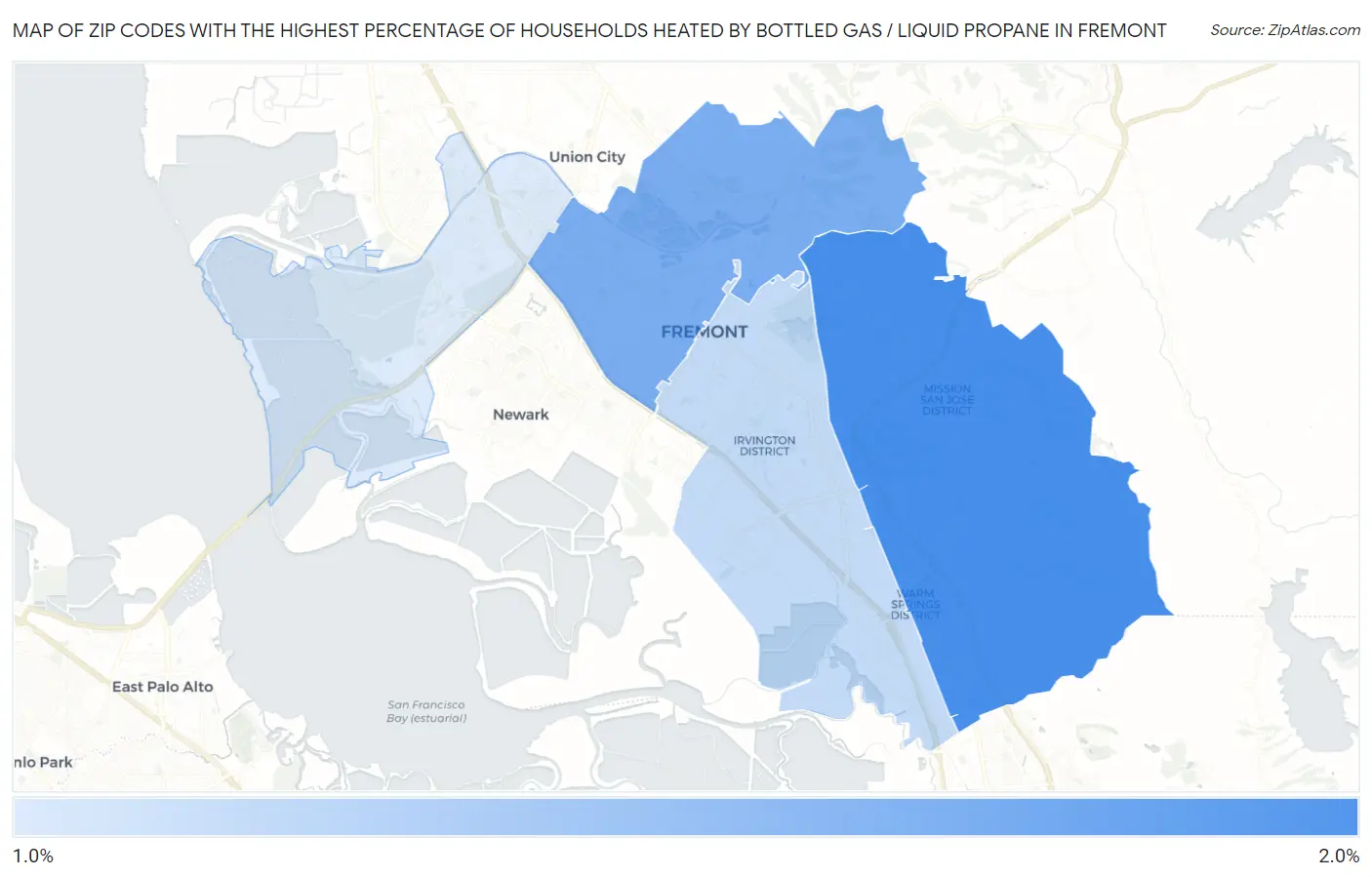 Zip Codes with the Highest Percentage of Households Heated by Bottled Gas / Liquid Propane in Fremont Map
