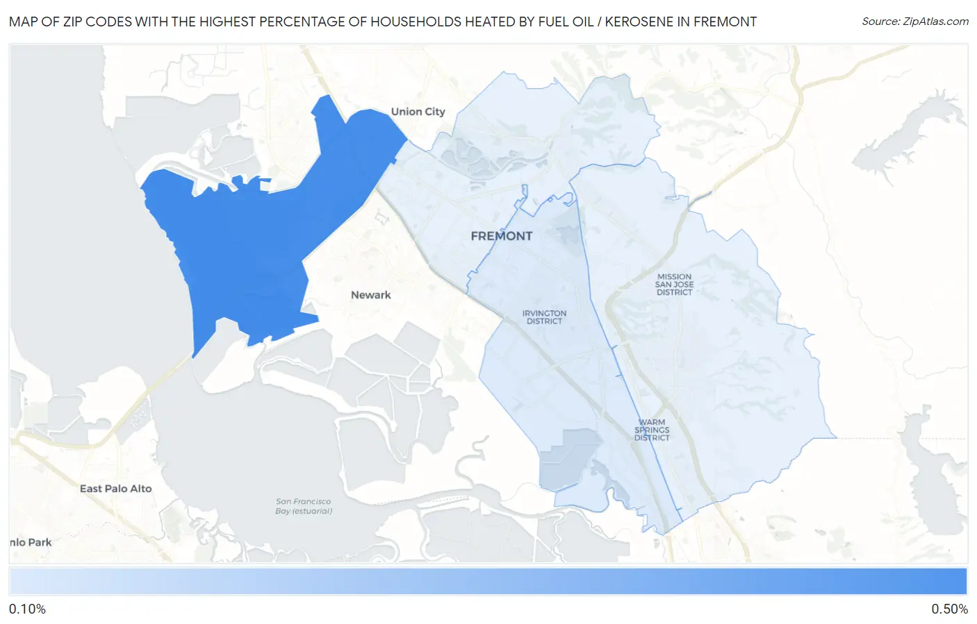 Zip Codes with the Highest Percentage of Households Heated by Fuel Oil / Kerosene in Fremont Map