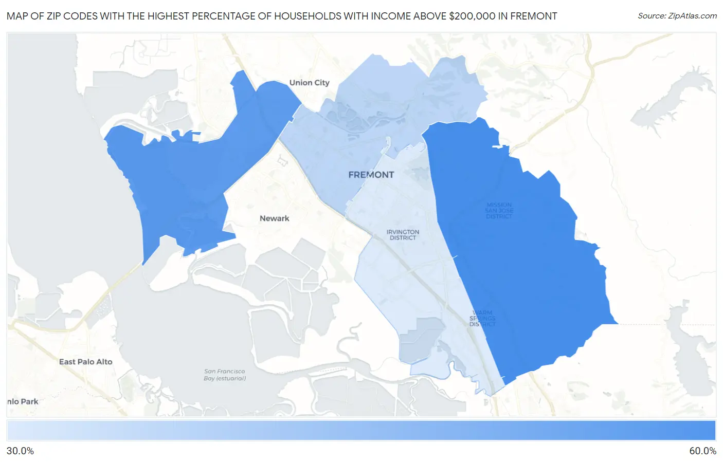 Zip Codes with the Highest Percentage of Households with Income Above $200,000 in Fremont Map