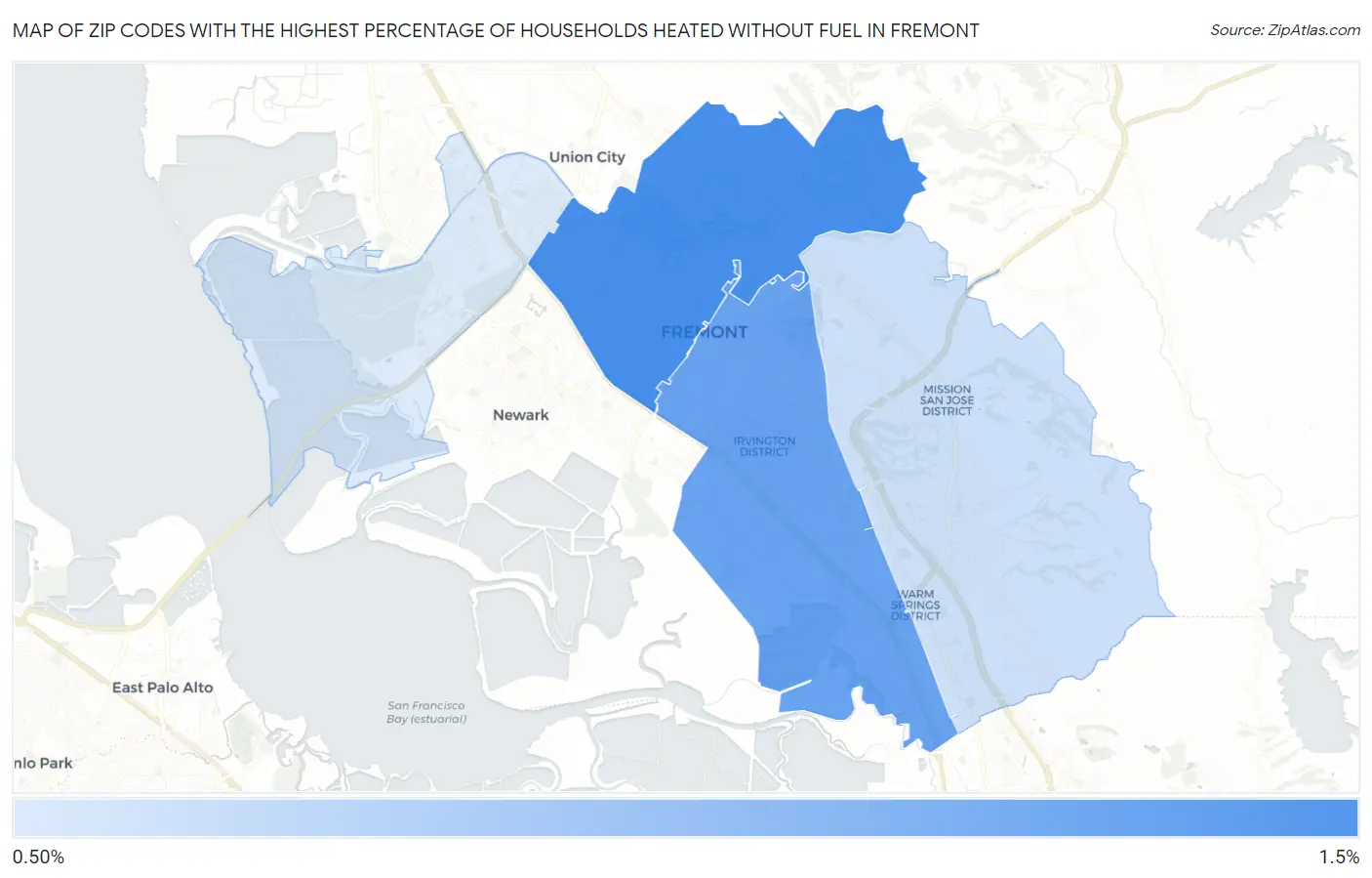 Zip Codes with the Highest Percentage of Households Heated without Fuel in Fremont Map