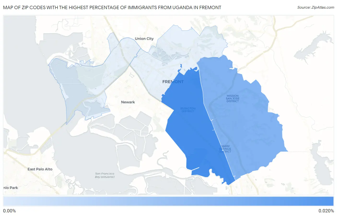 Zip Codes with the Highest Percentage of Immigrants from Uganda in Fremont Map