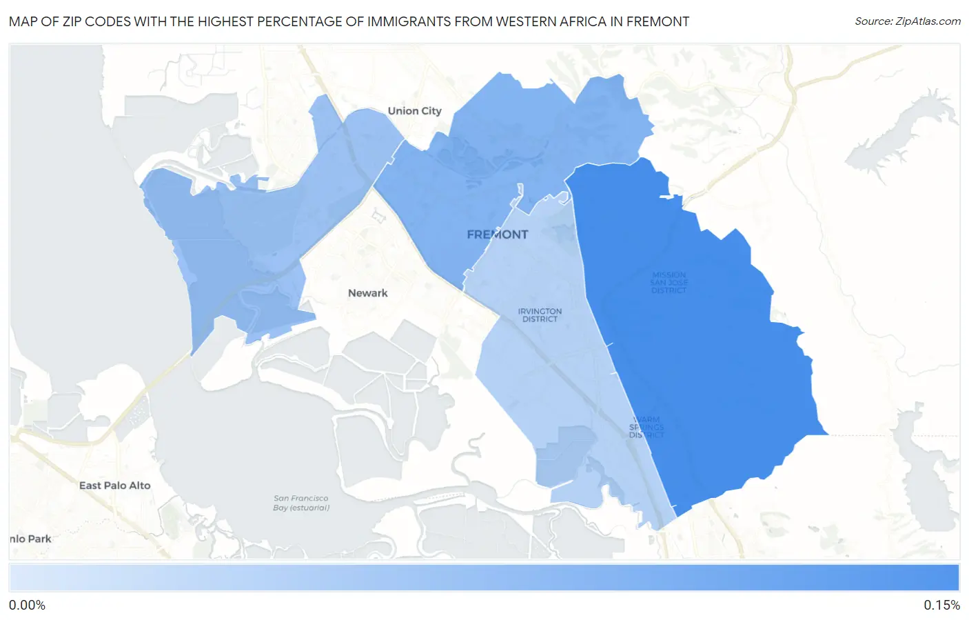 Zip Codes with the Highest Percentage of Immigrants from Western Africa in Fremont Map