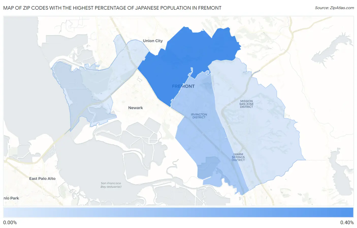 Zip Codes with the Highest Percentage of Japanese Population in Fremont Map