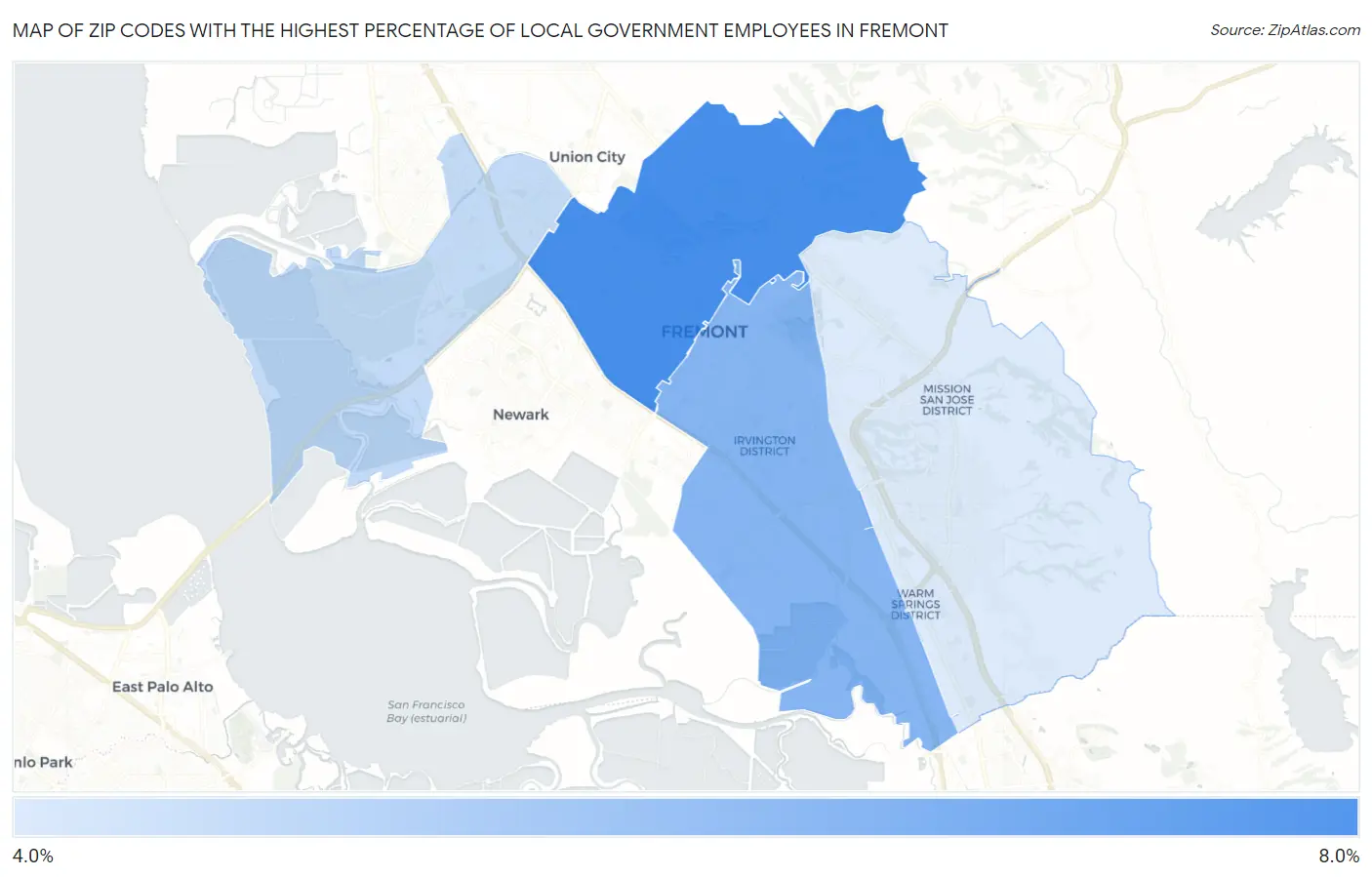 Zip Codes with the Highest Percentage of Local Government Employees in Fremont Map