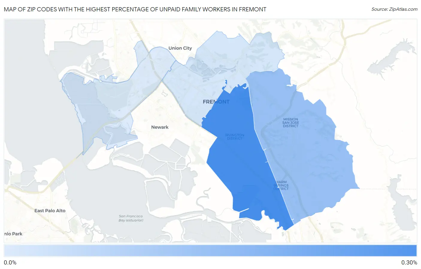 Zip Codes with the Highest Percentage of Unpaid Family Workers in Fremont Map