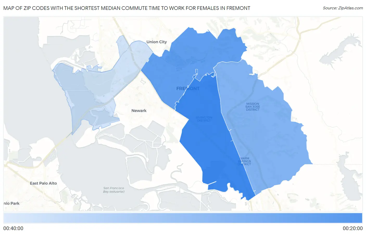 Zip Codes with the Shortest Median Commute Time to Work for Females in Fremont Map
