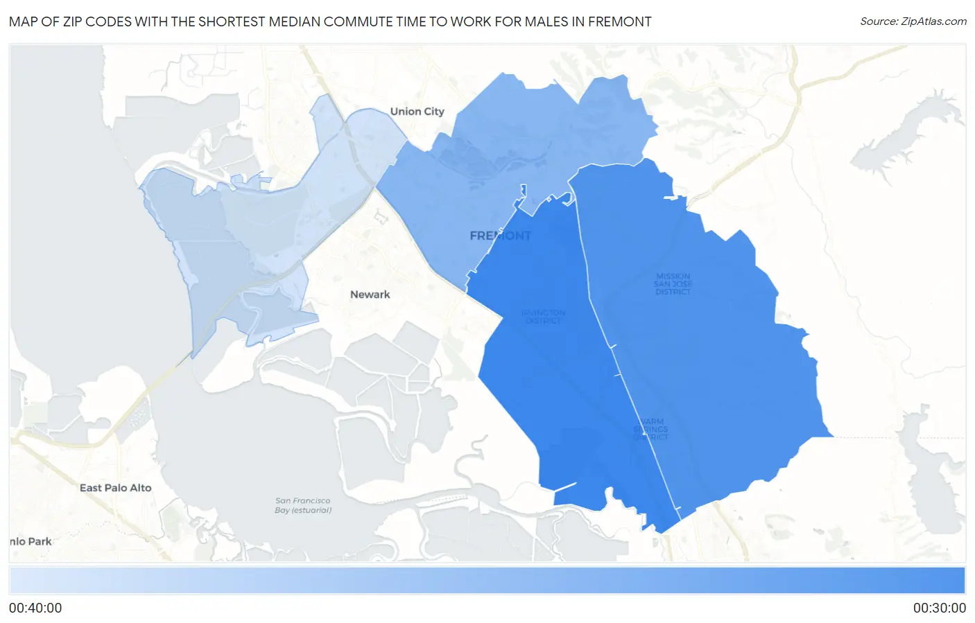 Zip Codes with the Shortest Median Commute Time to Work for Males in Fremont Map