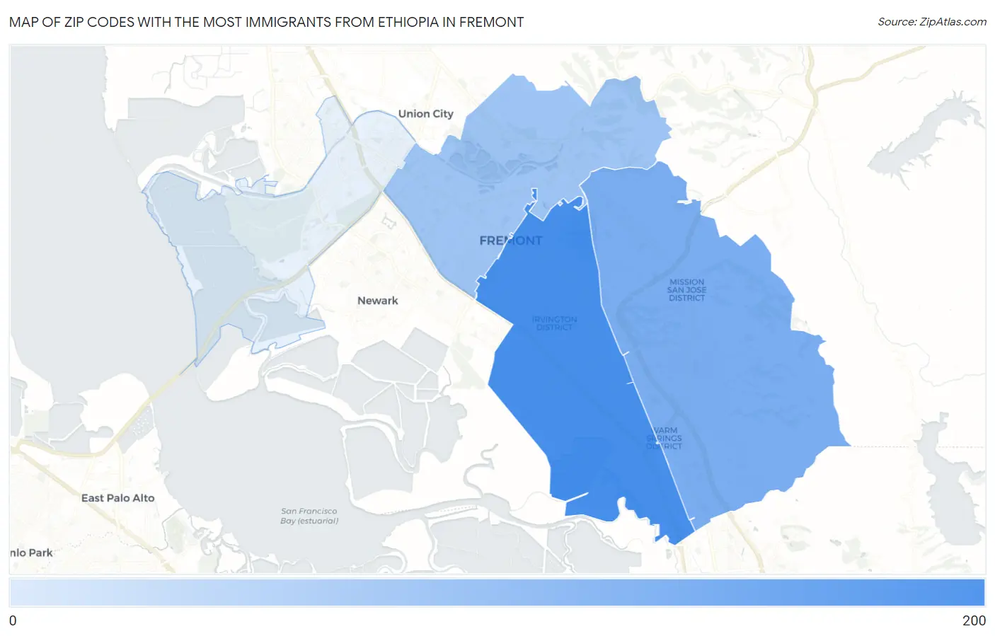 Zip Codes with the Most Immigrants from Ethiopia in Fremont Map