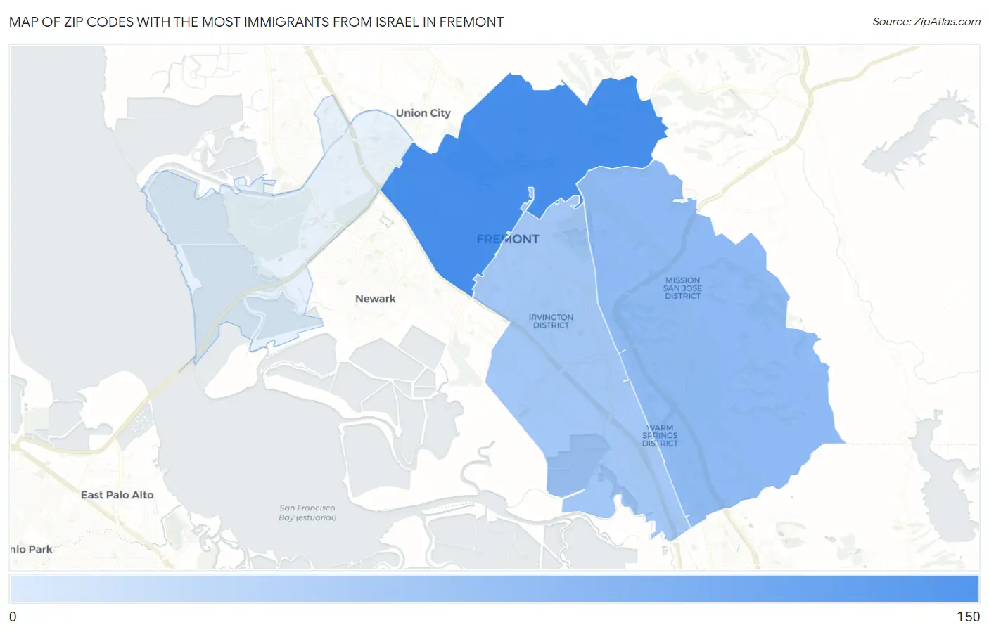 Zip Codes with the Most Immigrants from Israel in Fremont Map