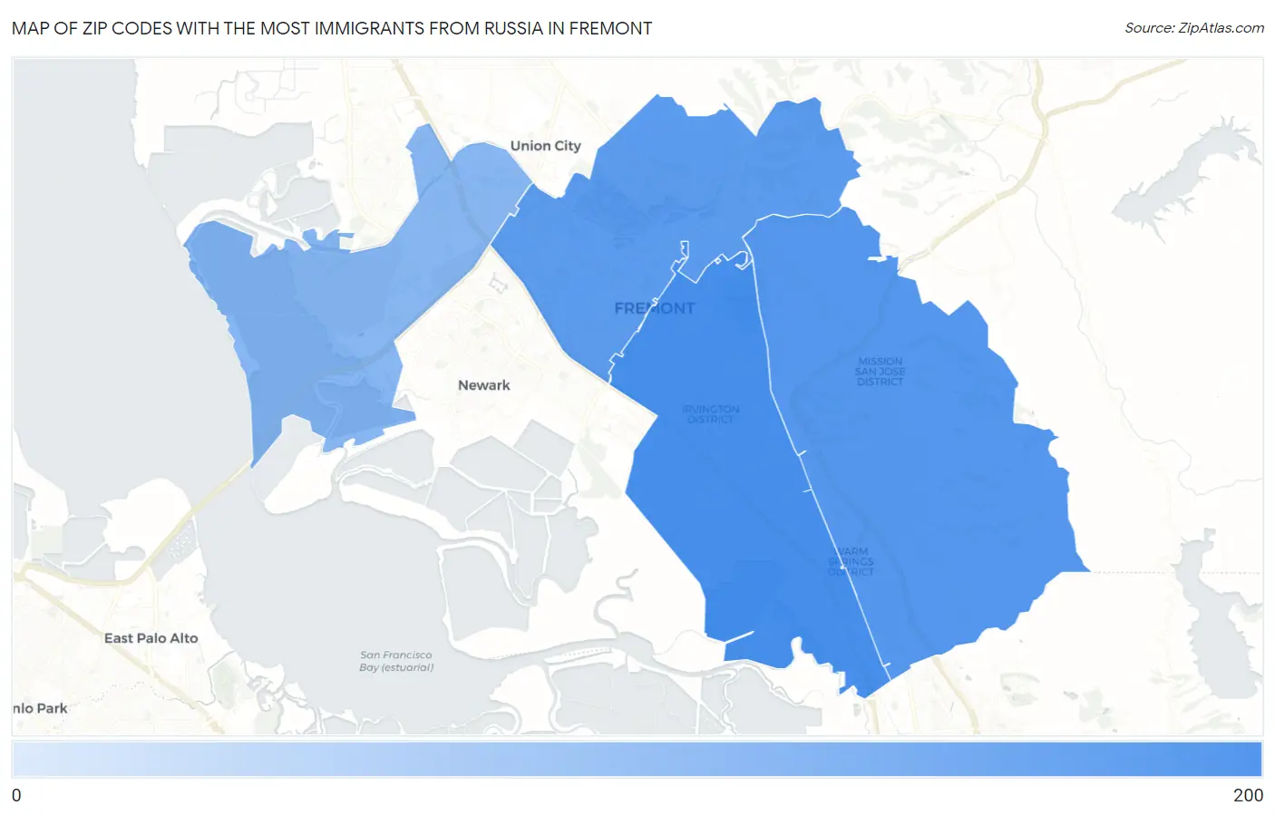 Zip Codes with the Most Immigrants from Russia in Fremont Map