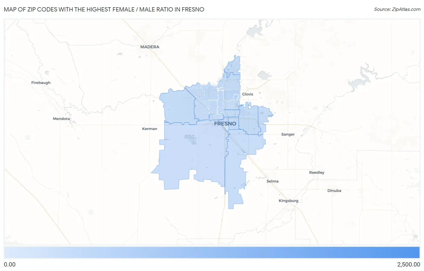Zip Codes with the Highest Female / Male Ratio in Fresno Map