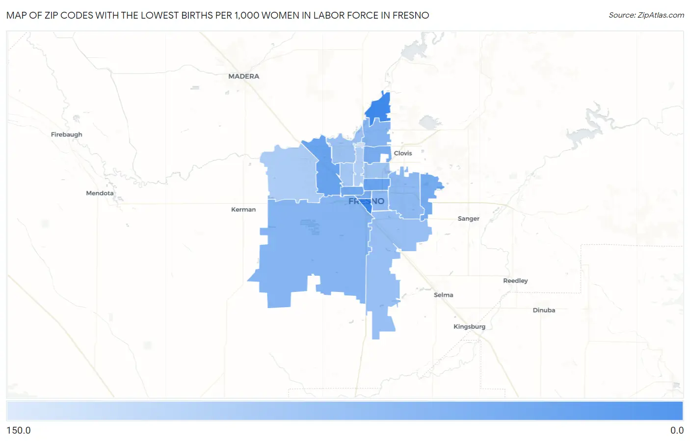 Zip Codes with the Lowest Births per 1,000 Women in Labor Force in Fresno Map