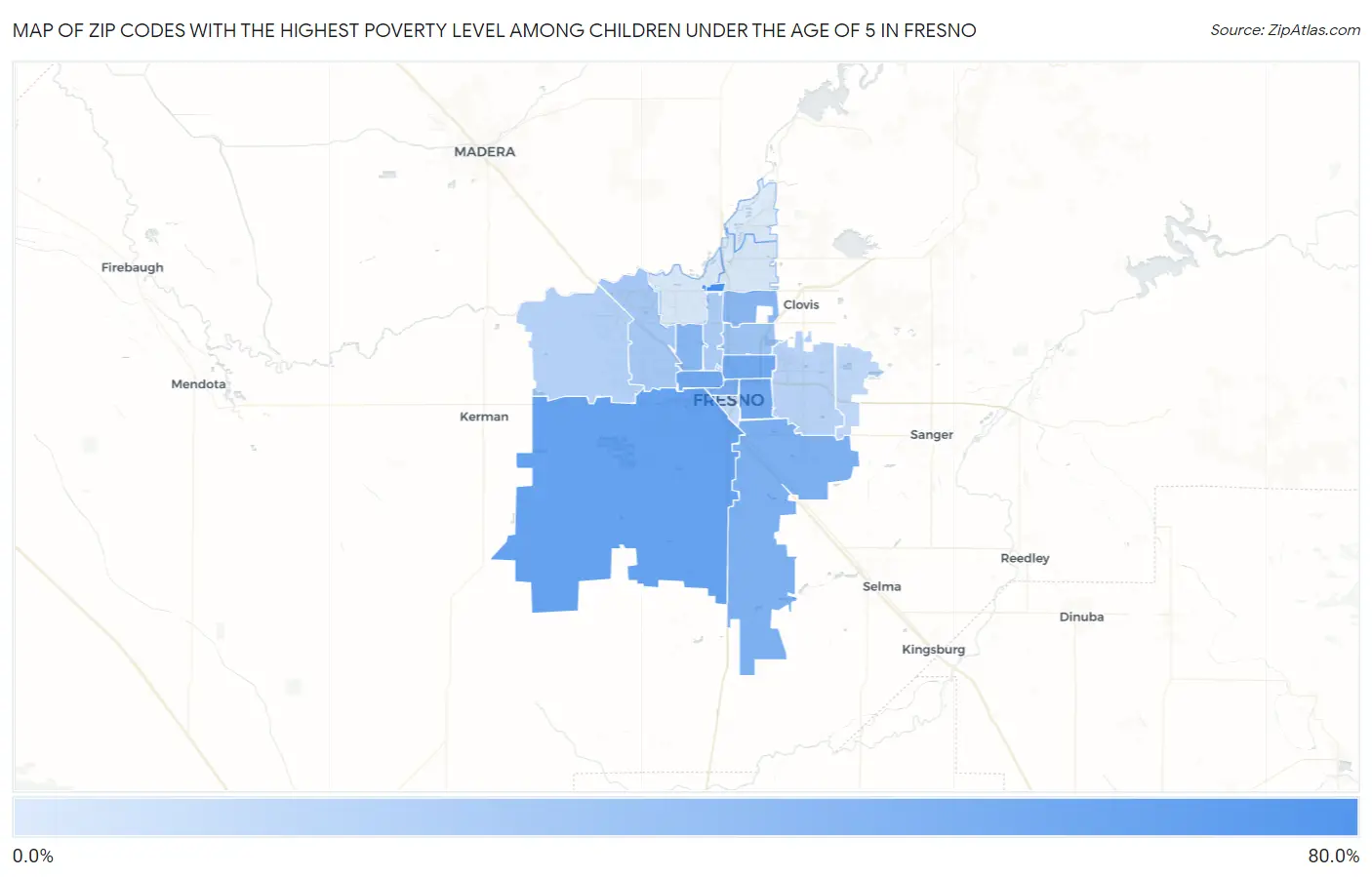Zip Codes with the Highest Poverty Level Among Children Under the Age of 5 in Fresno Map