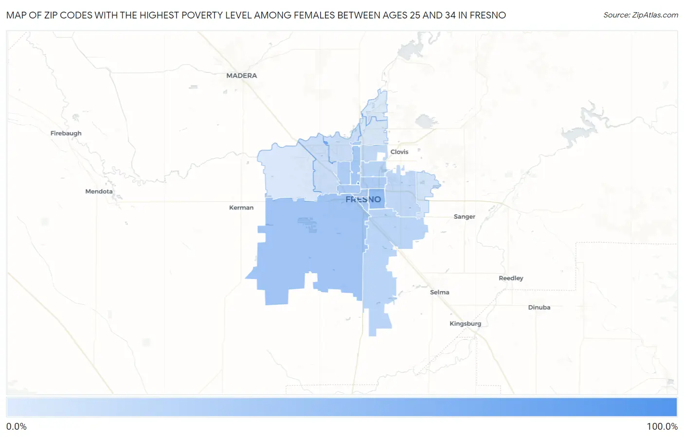 Zip Codes with the Highest Poverty Level Among Females Between Ages 25 and 34 in Fresno Map