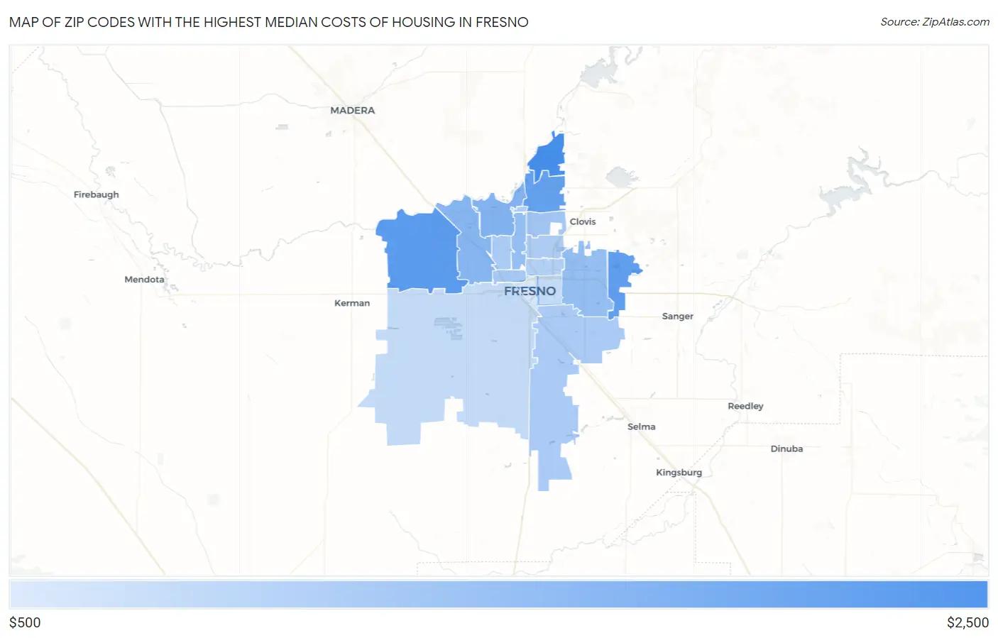 Zip Codes with the Highest Median Costs of Housing in Fresno Map
