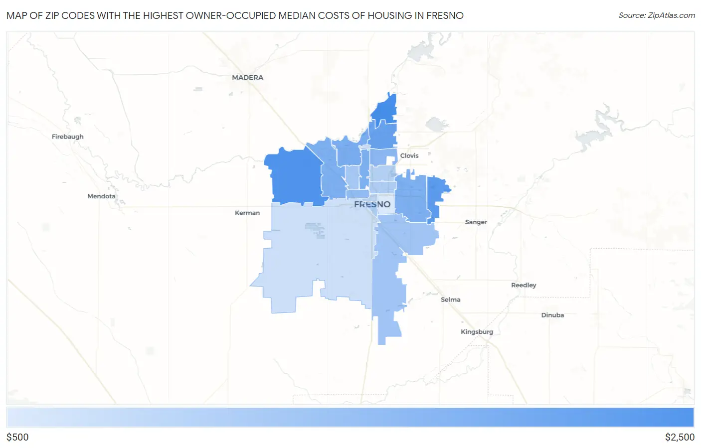 Zip Codes with the Highest Owner-Occupied Median Costs of Housing in Fresno Map