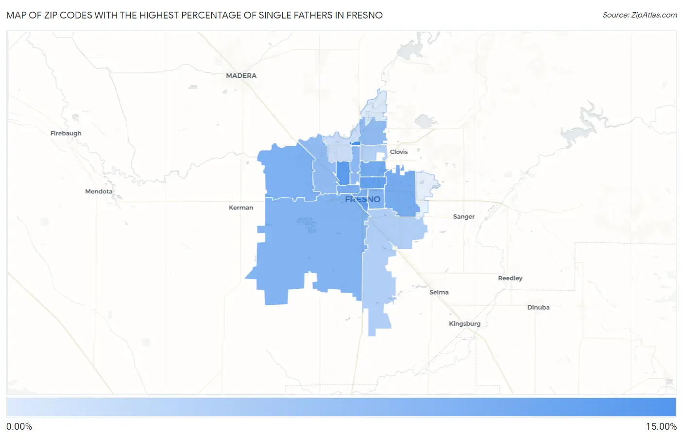 Zip Codes with the Highest Percentage of Single Fathers in Fresno Map