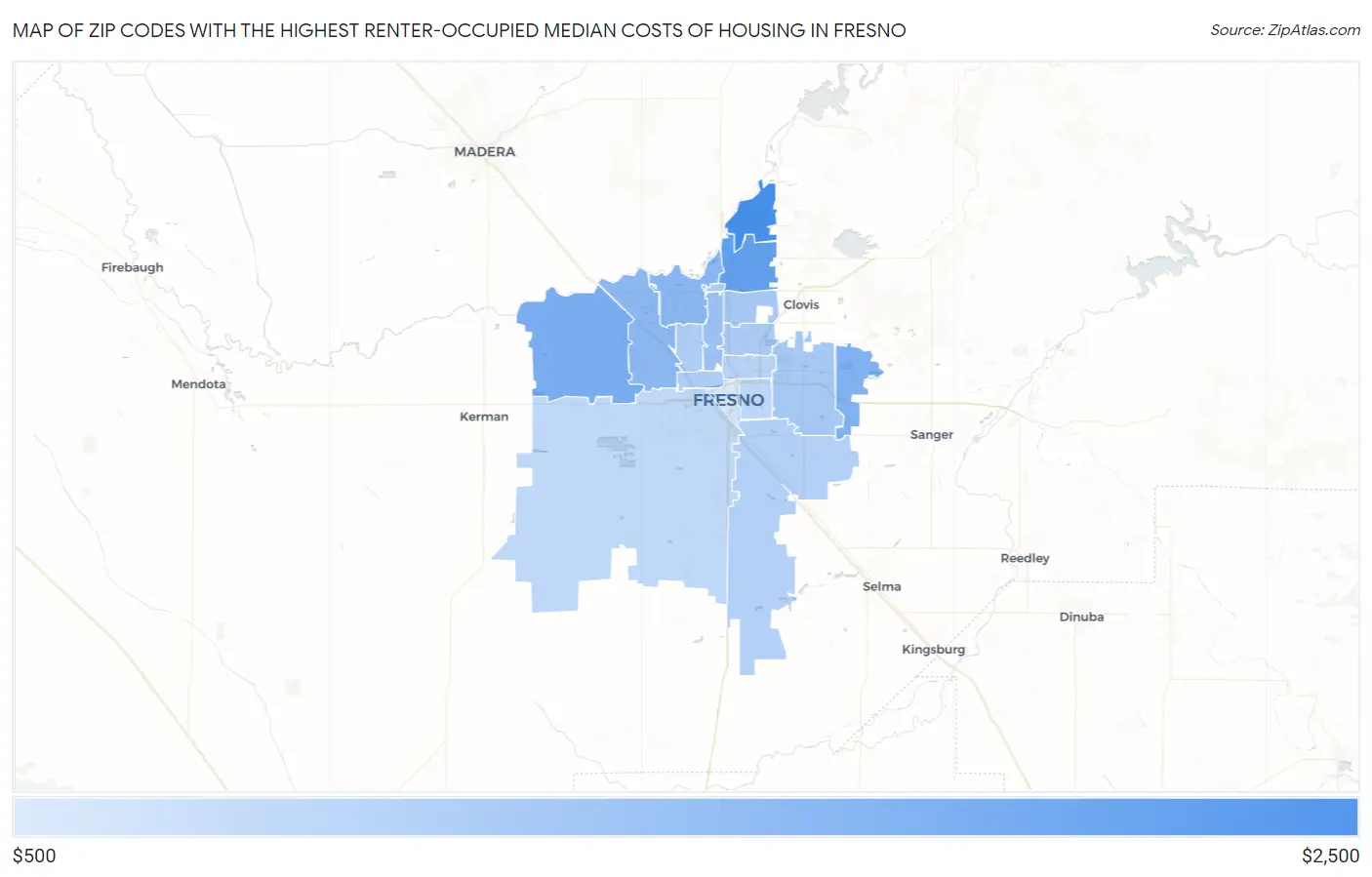 Zip Codes with the Highest Renter-Occupied Median Costs of Housing in Fresno Map