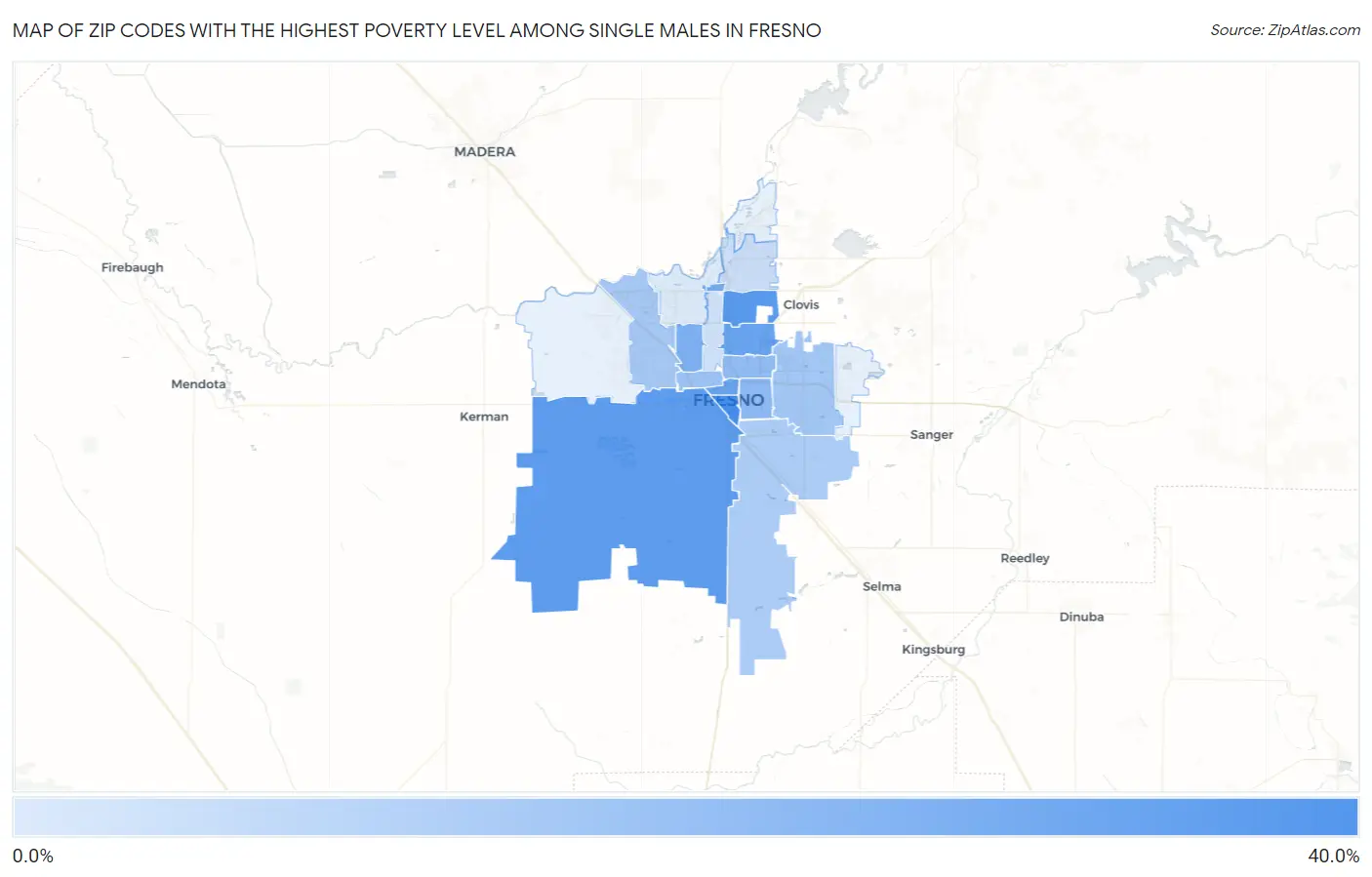 Zip Codes with the Highest Poverty Level Among Single Males in Fresno Map