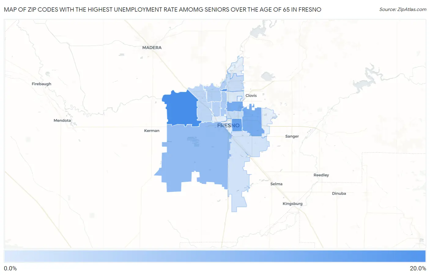Zip Codes with the Highest Unemployment Rate Amomg Seniors Over the Age of 65 in Fresno Map