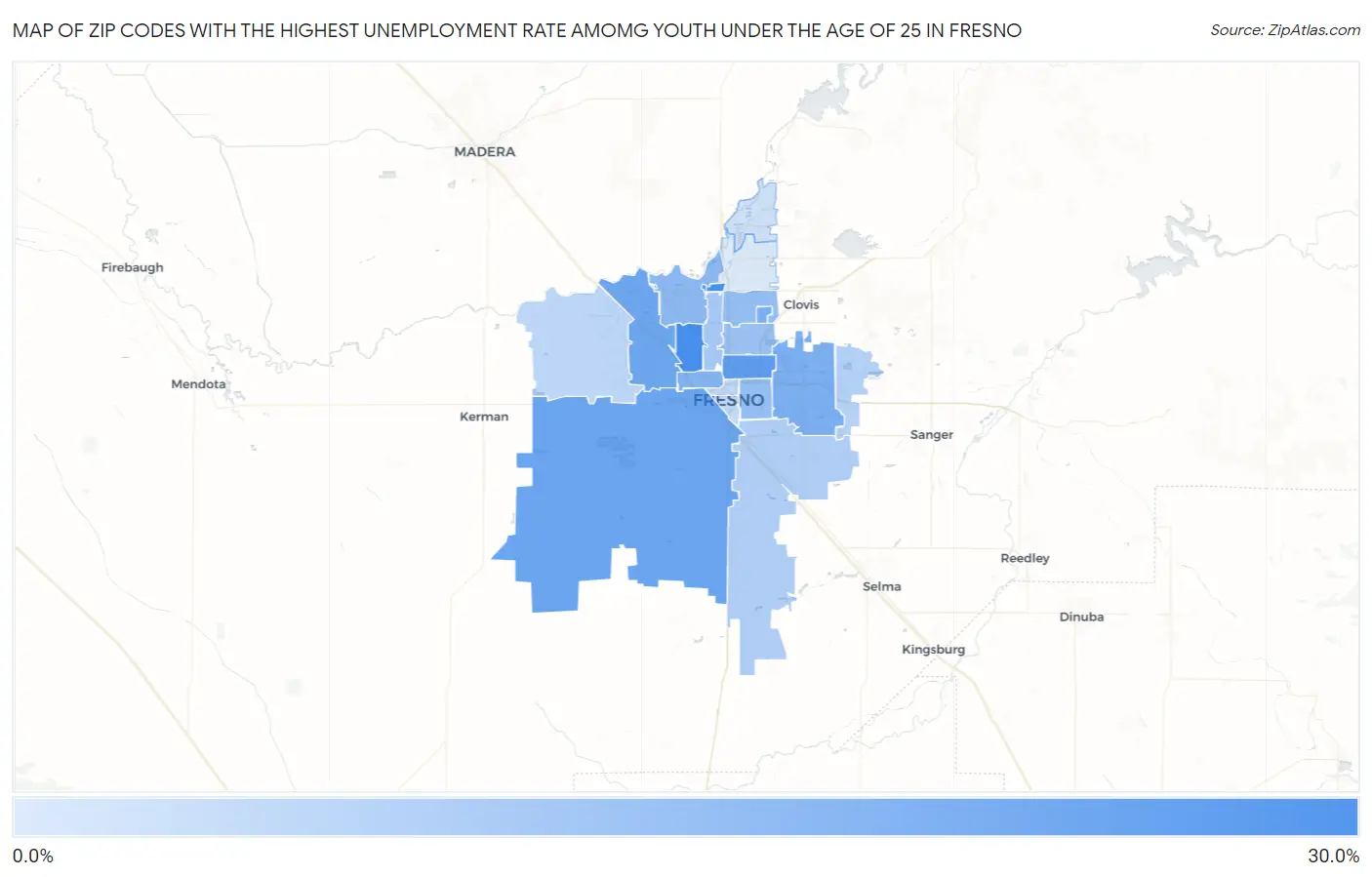 Zip Codes with the Highest Unemployment Rate Amomg Youth Under the Age of 25 in Fresno Map