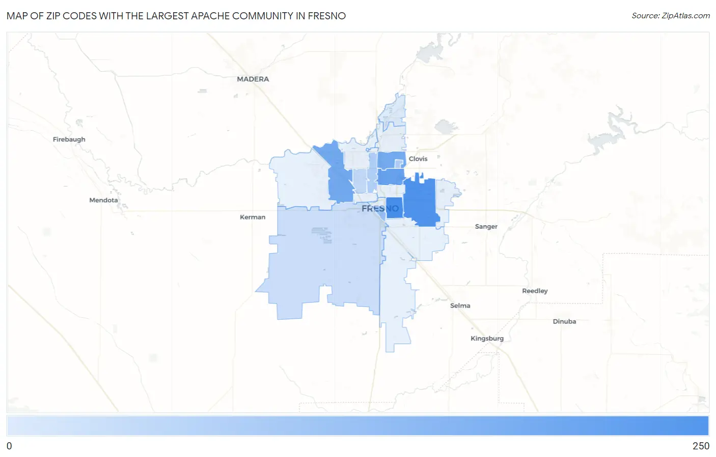 Zip Codes with the Largest Apache Community in Fresno Map