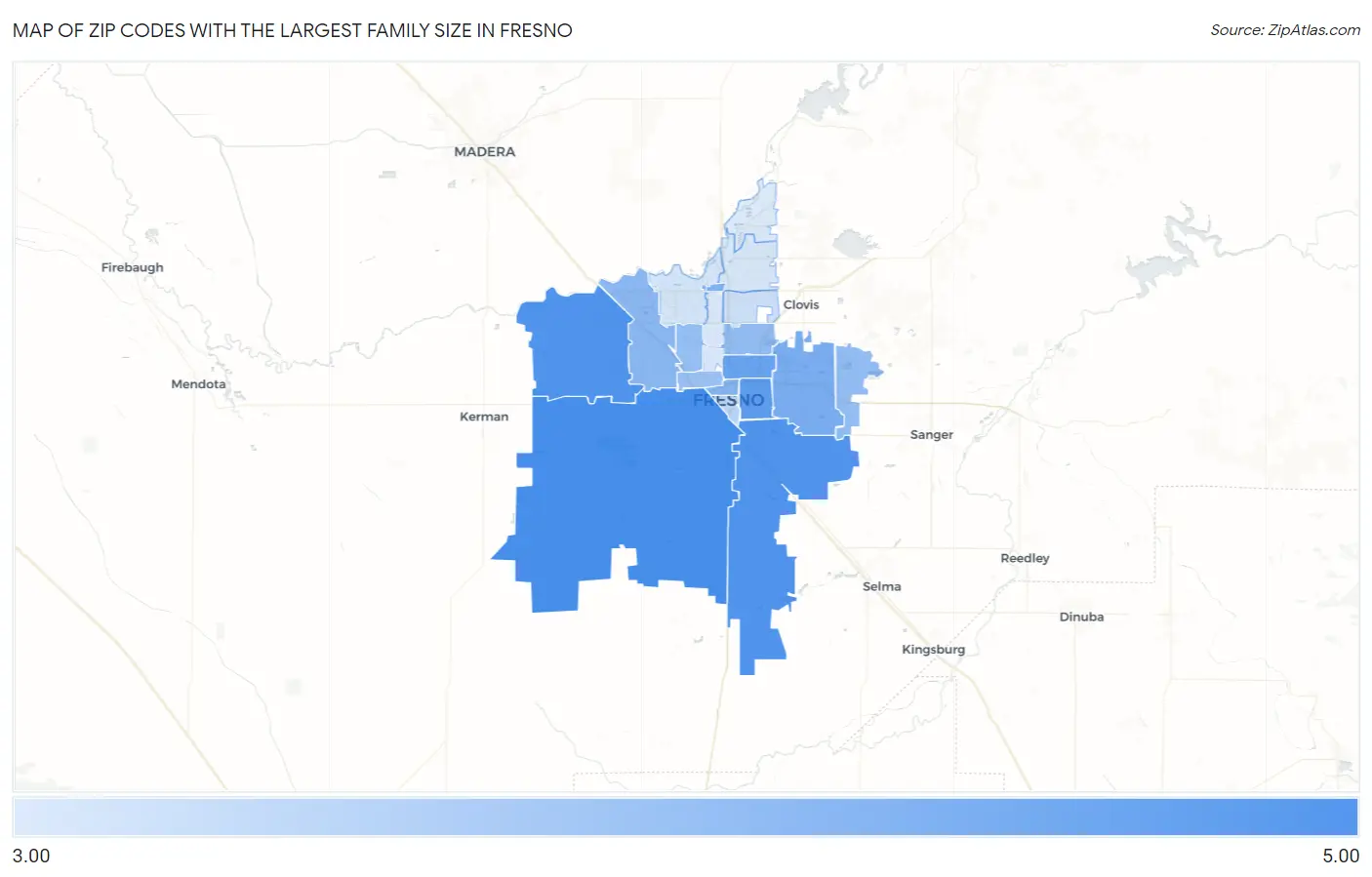 Zip Codes with the Largest Family Size in Fresno Map