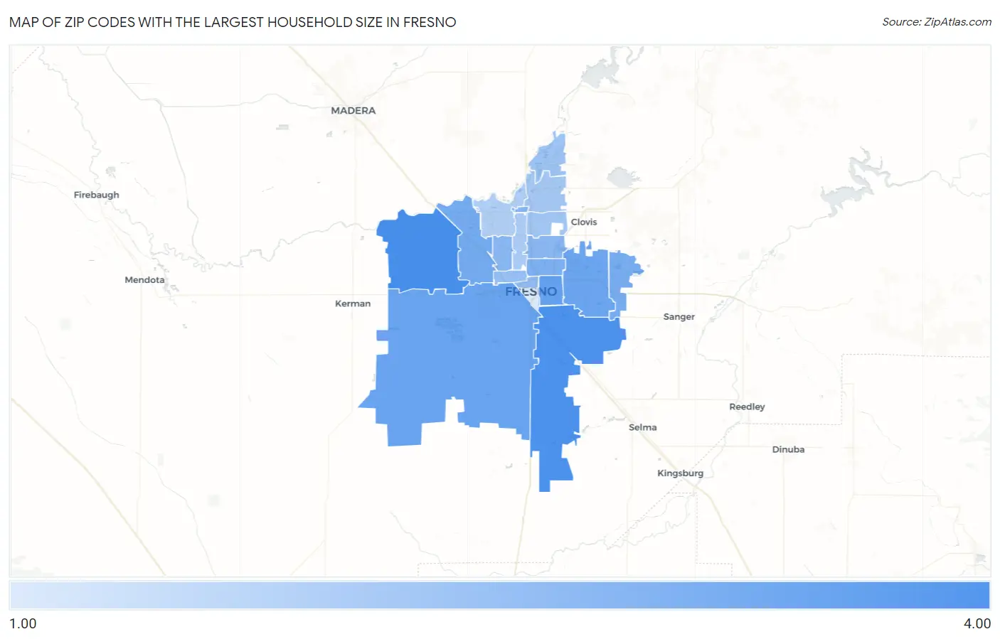 Zip Codes with the Largest Household Size in Fresno Map
