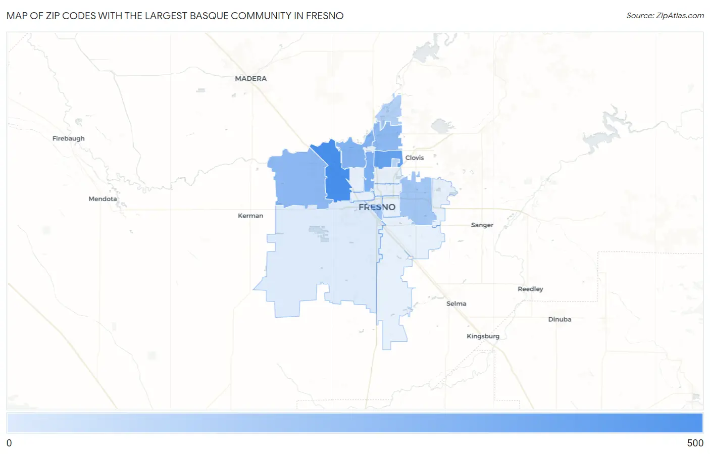 Zip Codes with the Largest Basque Community in Fresno Map