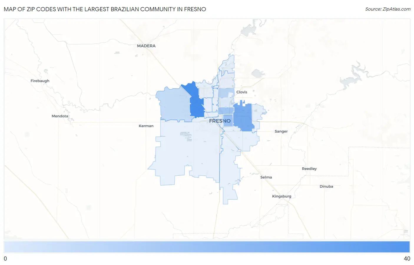 Zip Codes with the Largest Brazilian Community in Fresno Map