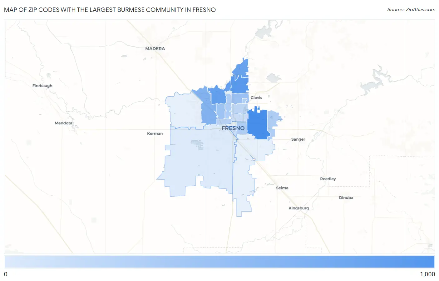 Zip Codes with the Largest Burmese Community in Fresno Map