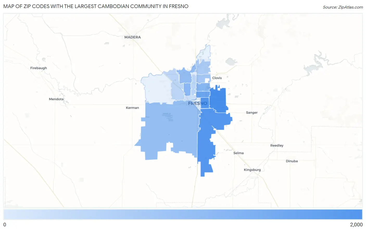 Zip Codes with the Largest Cambodian Community in Fresno Map