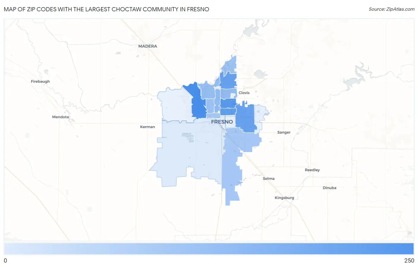 Zip Codes with the Largest Choctaw Community in Fresno Map