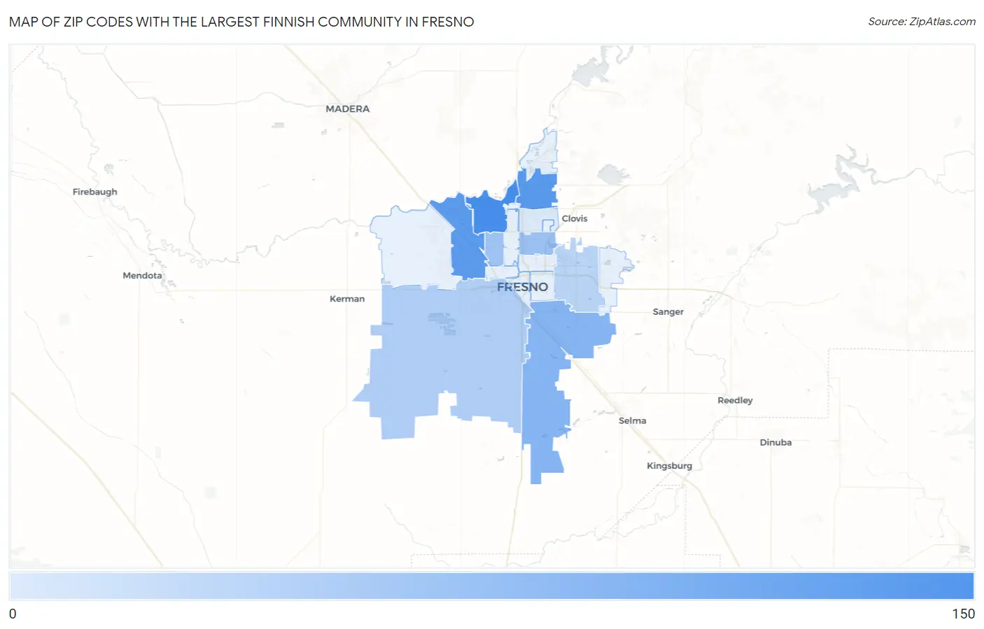 Zip Codes with the Largest Finnish Community in Fresno Map