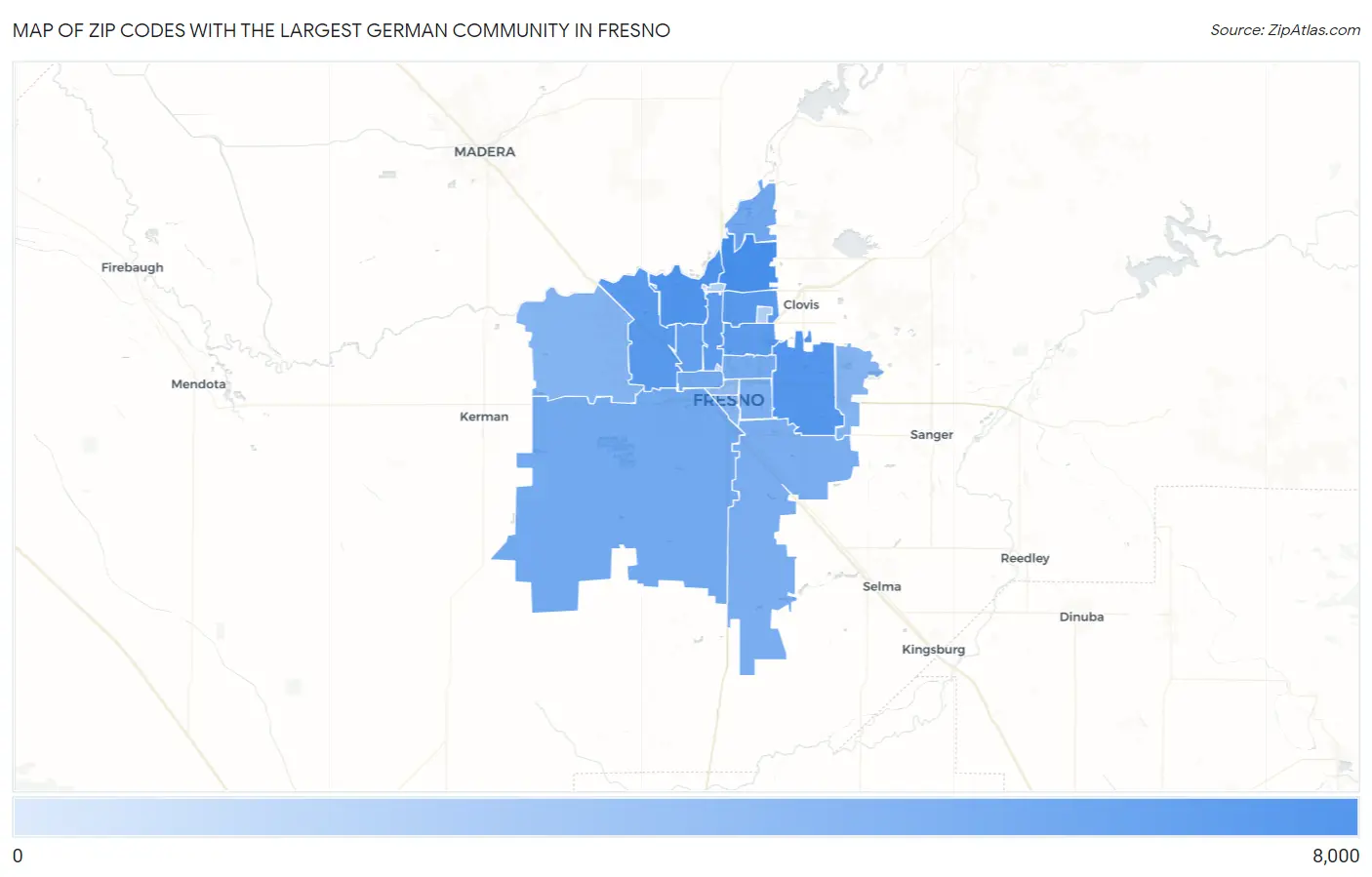 Zip Codes with the Largest German Community in Fresno Map