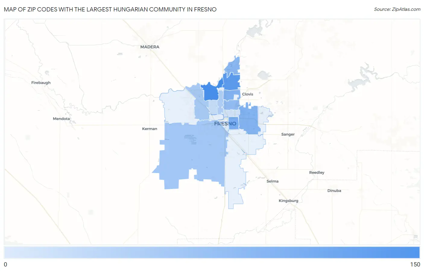 Zip Codes with the Largest Hungarian Community in Fresno Map