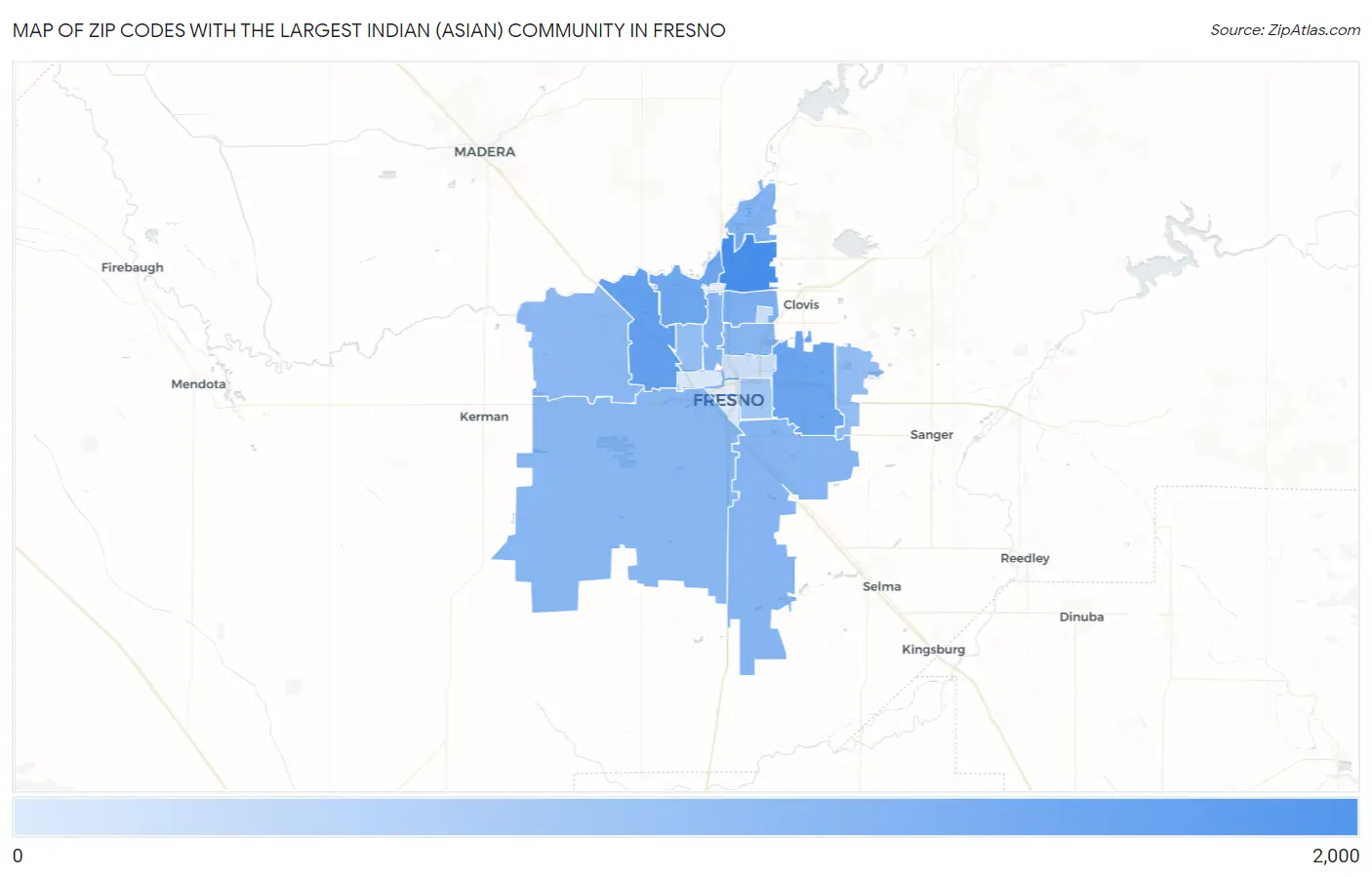 Zip Codes with the Largest Indian (Asian) Community in Fresno Map