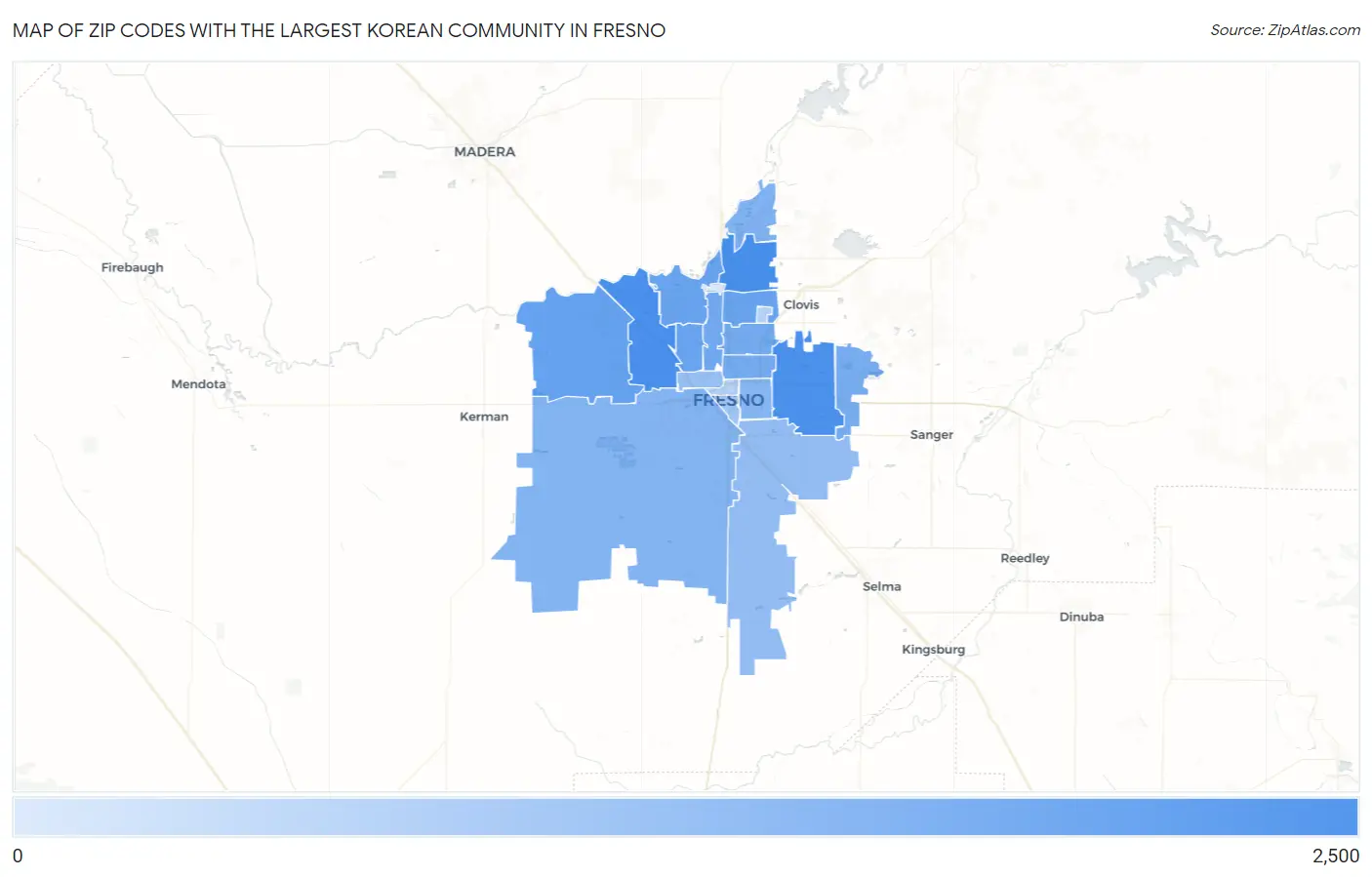 Zip Codes with the Largest Korean Community in Fresno Map
