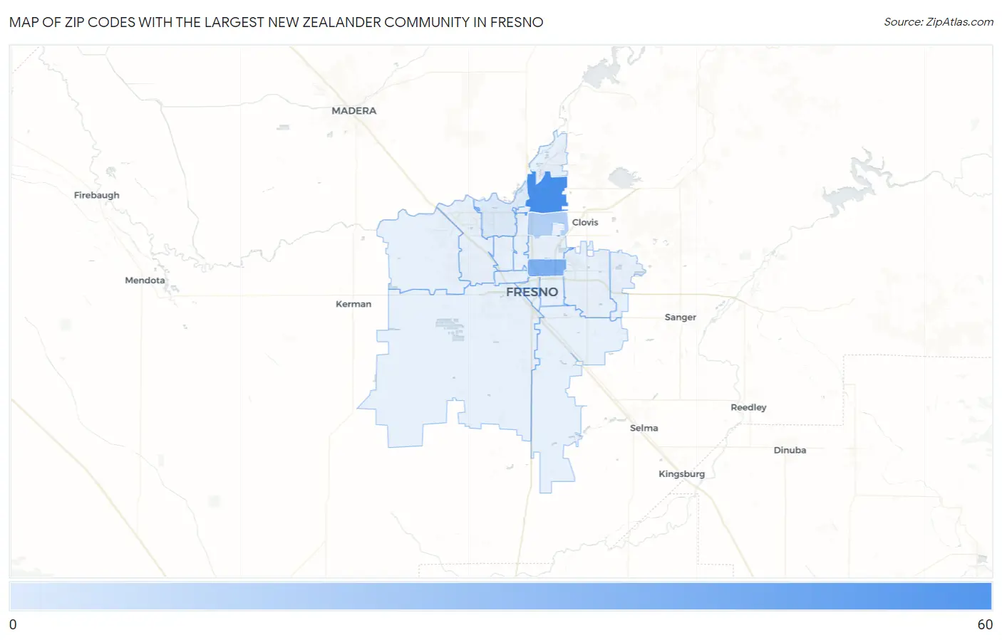 Zip Codes with the Largest New Zealander Community in Fresno Map