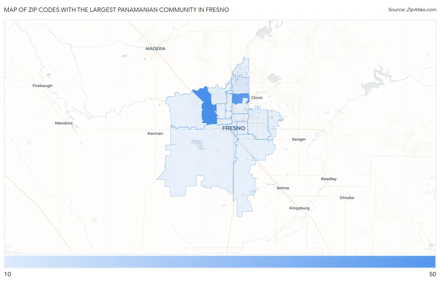 Zip Codes with the Largest Panamanian Community in Fresno Map
