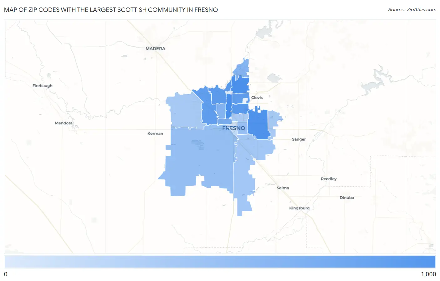 Zip Codes with the Largest Scottish Community in Fresno Map