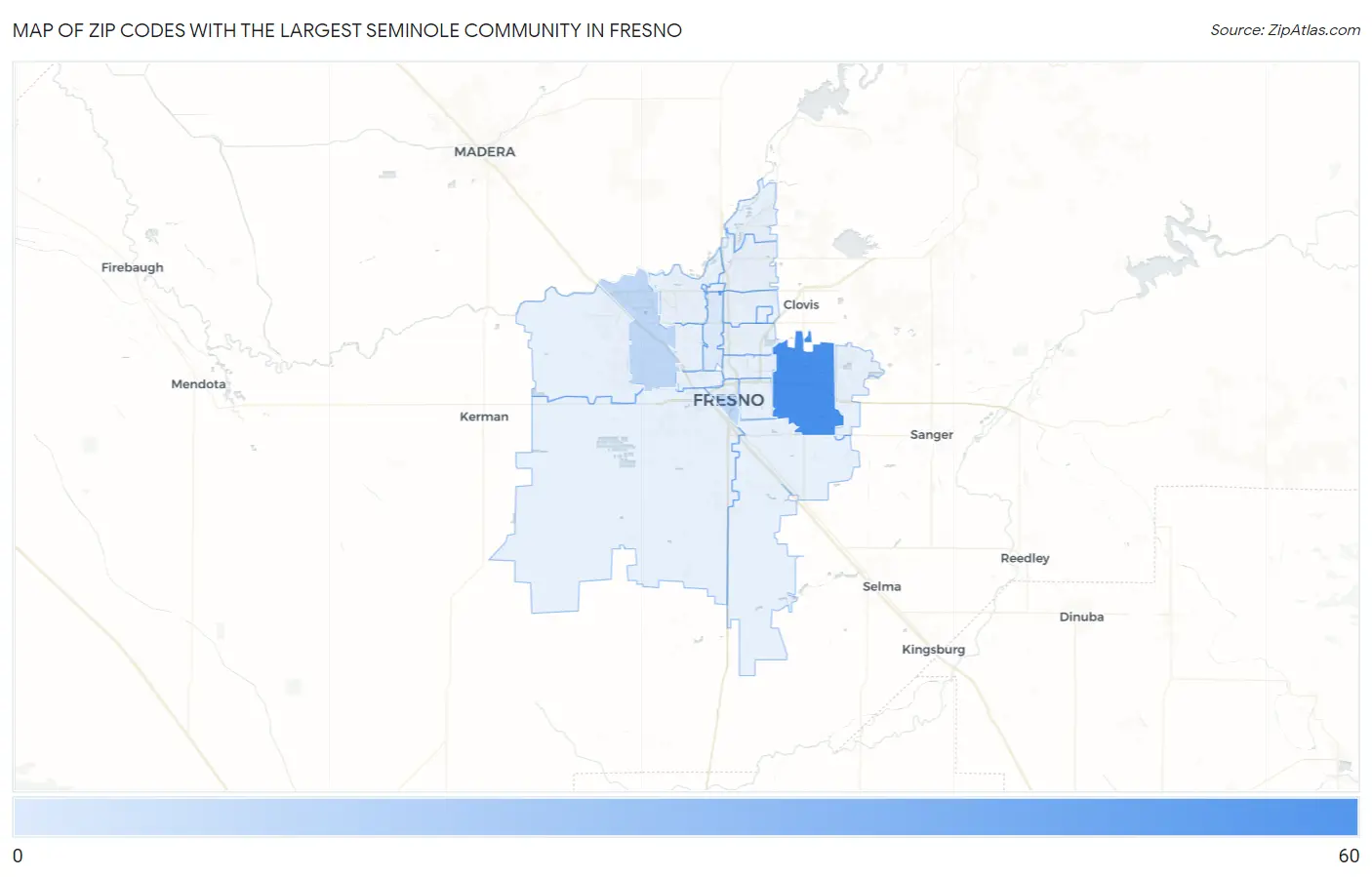 Zip Codes with the Largest Seminole Community in Fresno Map