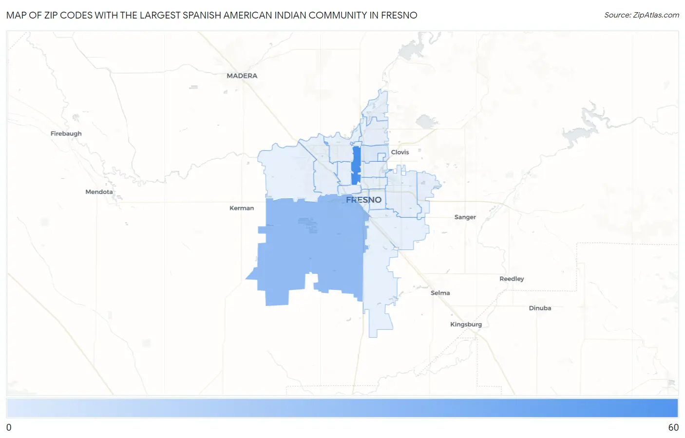 Zip Codes with the Largest Spanish American Indian Community in Fresno Map