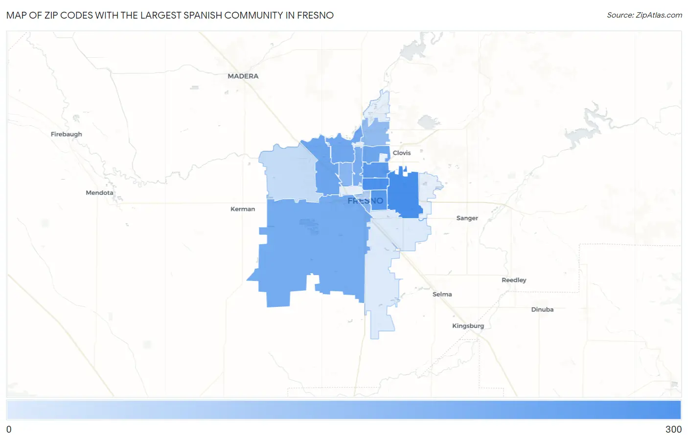 Zip Codes with the Largest Spanish Community in Fresno Map