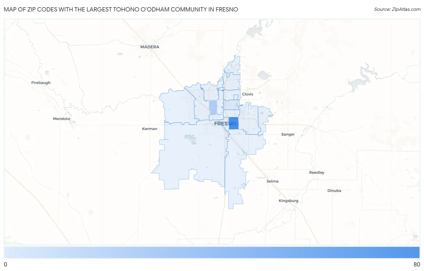Zip Codes with the Largest Tohono O'Odham Community in Fresno Map