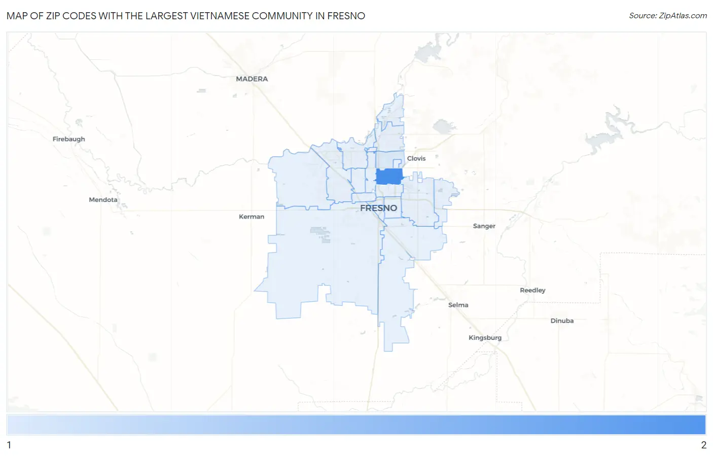 Zip Codes with the Largest Vietnamese Community in Fresno Map